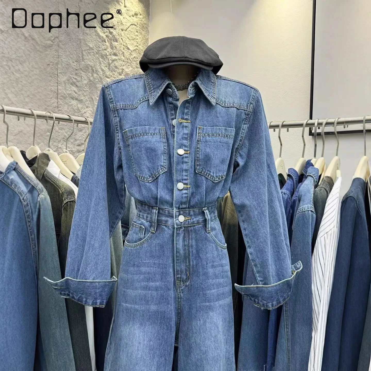 Europe Station Autunno Corea Ins Tuta Jeans Elegante Office Lady Fashion Slim Fit Retro Blu Vita alta Tuta casual da donna