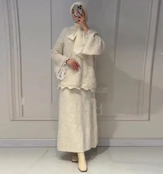 

Two Piece Set Women Outfit 2026 Spring Autumn New Bow Tie Lace Splicing Long Sleeve Knitted Top & High Waist Long Skirt Set