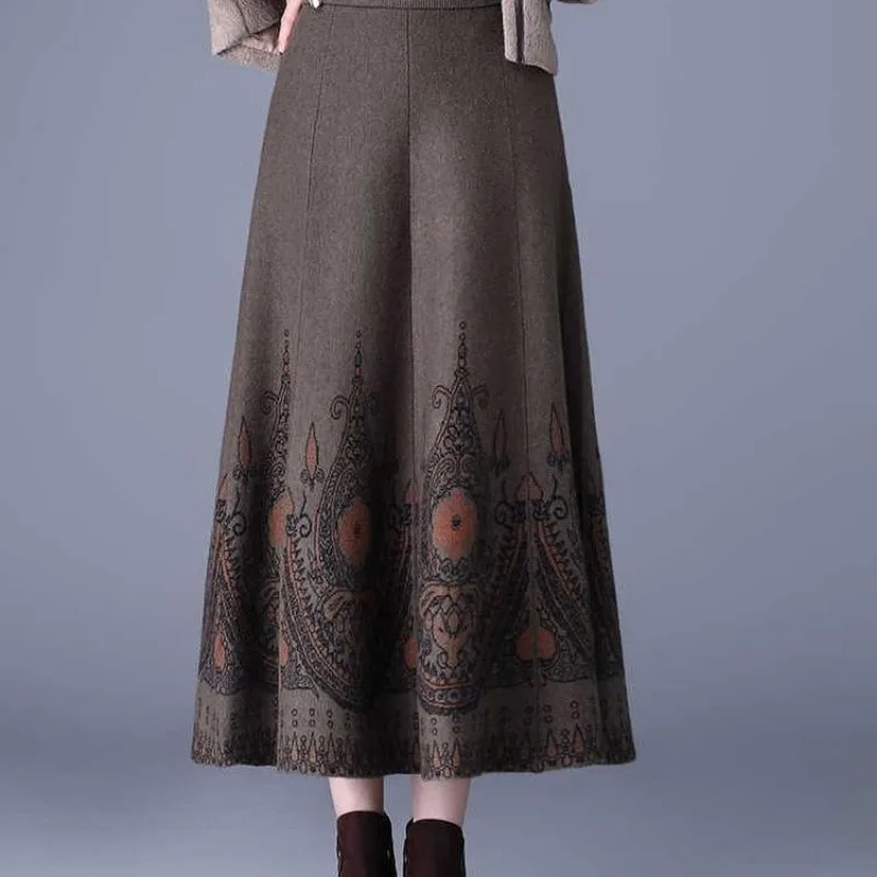Women High Waist Knit Maxi Skirt A Line Vintage Geometric Print Loose Casual Long Skirt
