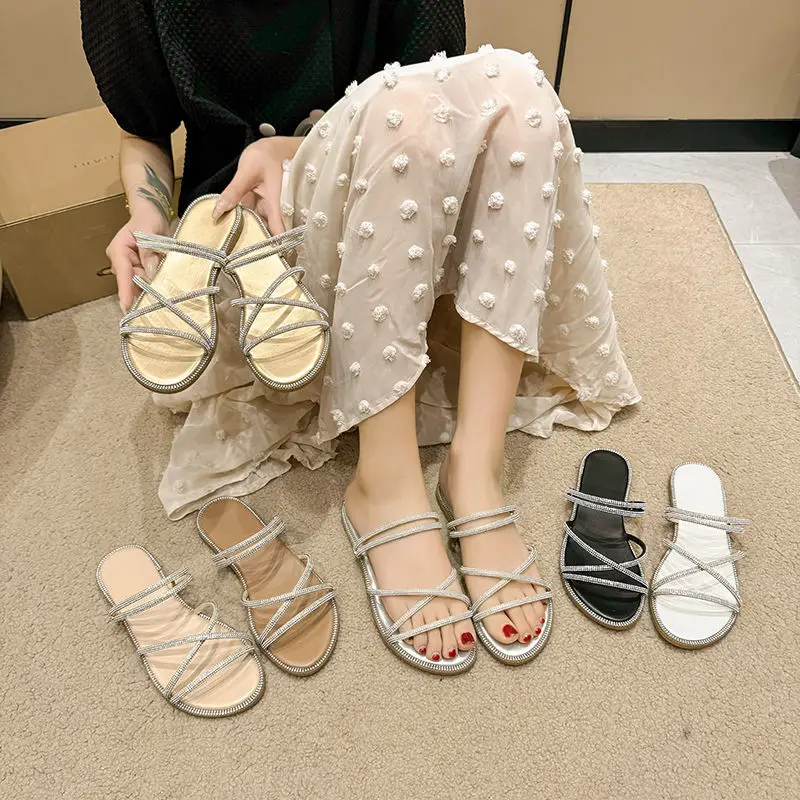 

2025 Summer New Rhinestone Flat Sandals for Women Open Toe Elastic Cross Strap Slip-On Sandals