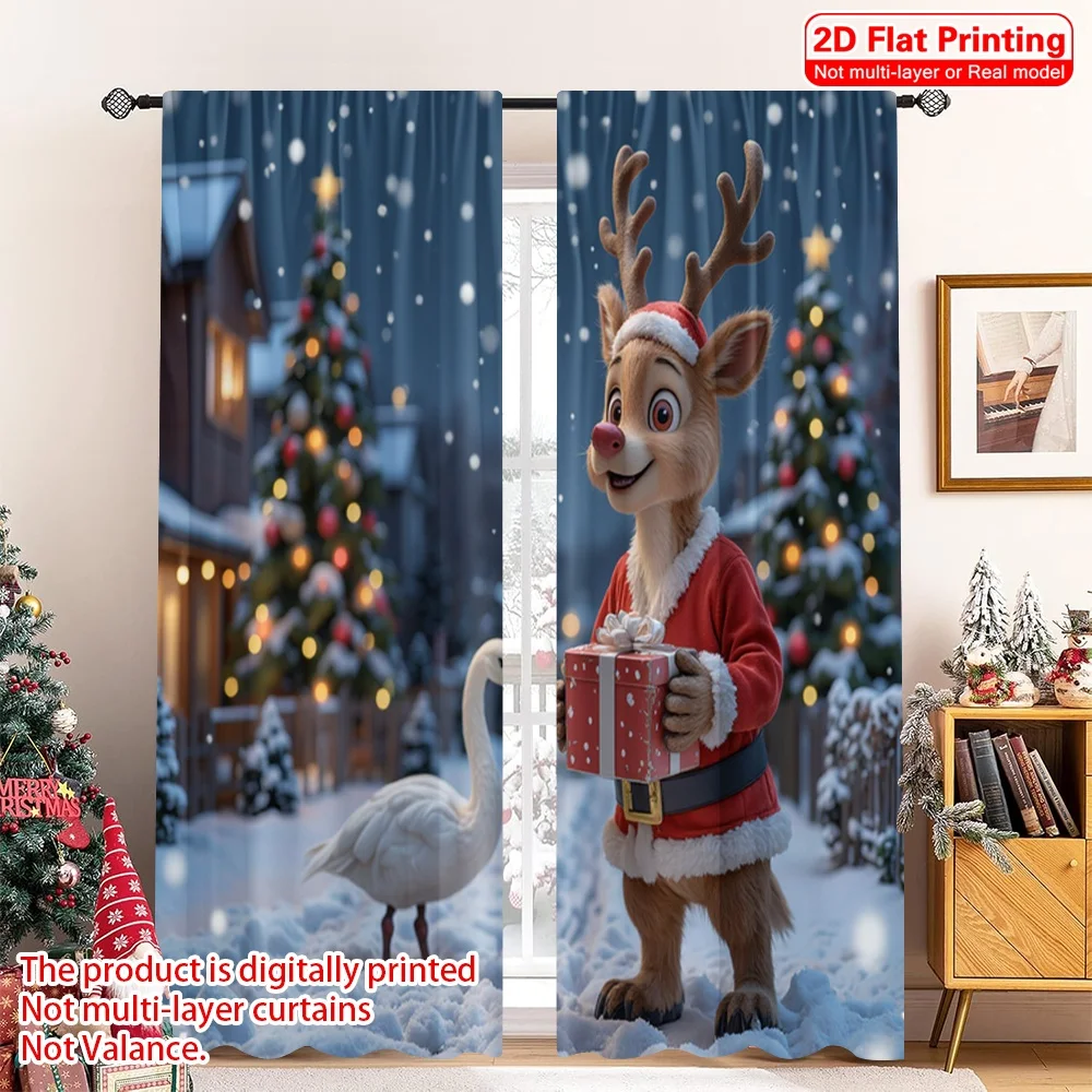

2pcs 2D flat printing Merry Christmas Curtain Cute Deer Christmas Gift Present Fabric Without Electricity Festive Wall Decor for