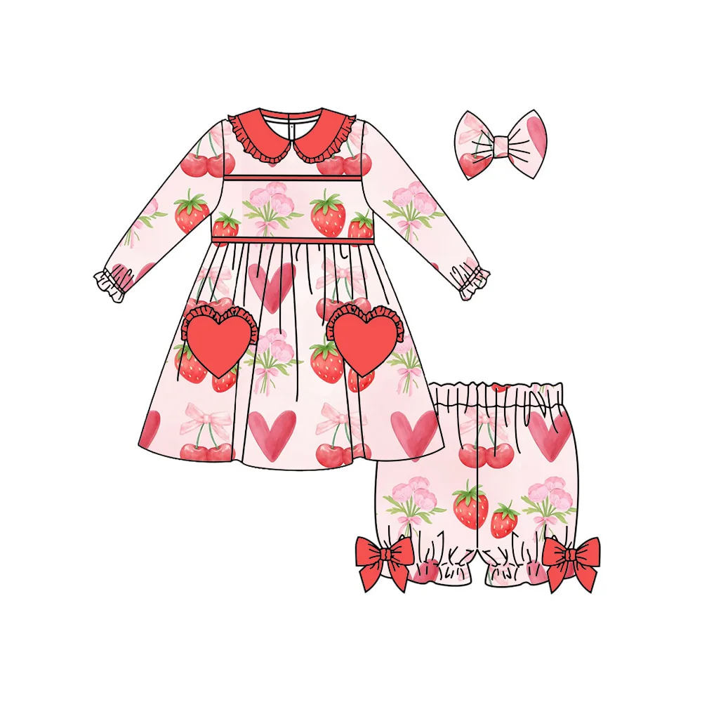 Boutique Girls lapel Ruffle Long-sleeved top and shorts love pocket Bow decoration Strawberry bow and flower Print