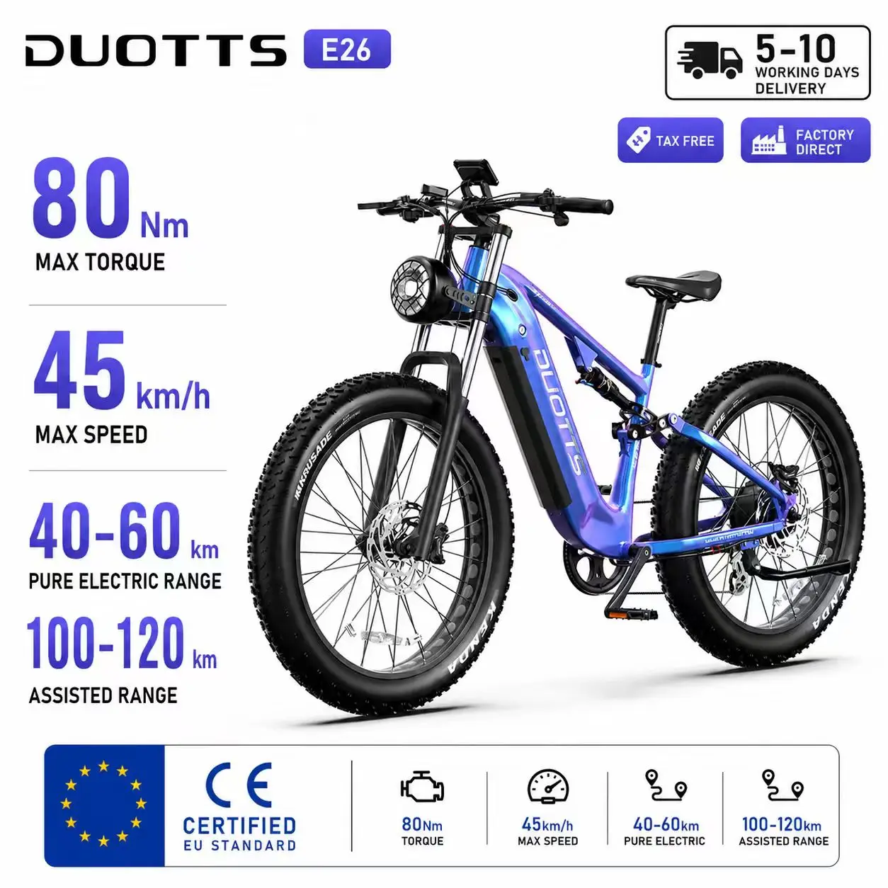 DUOTTS E26 Fatbike E-Bike 45KM/H, 48V 20Ah Samsung-Akku, Hydraulische Bremsen, Doppelfederung, 80Nm Drehmoment, APP E-Bike