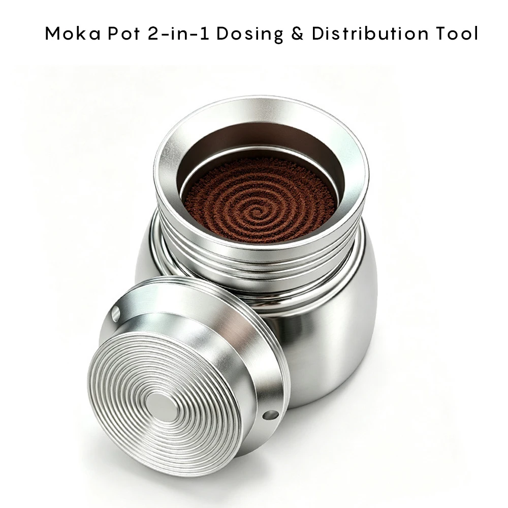 Specialized 53mm Dual-Valve Moka Pot Dosing Ring Anti Dust Powder Dispenser & Pressing/Filling Tool for Precision Coffee Brewing