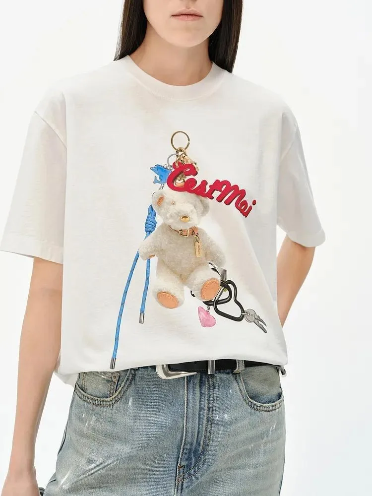 

New Y2K Cute Bear Graphic Tee Street Fashion Sweet Women Cartoon T-shirts 100% Pure Cotton Loose Casual Summer Niche Tops Korean