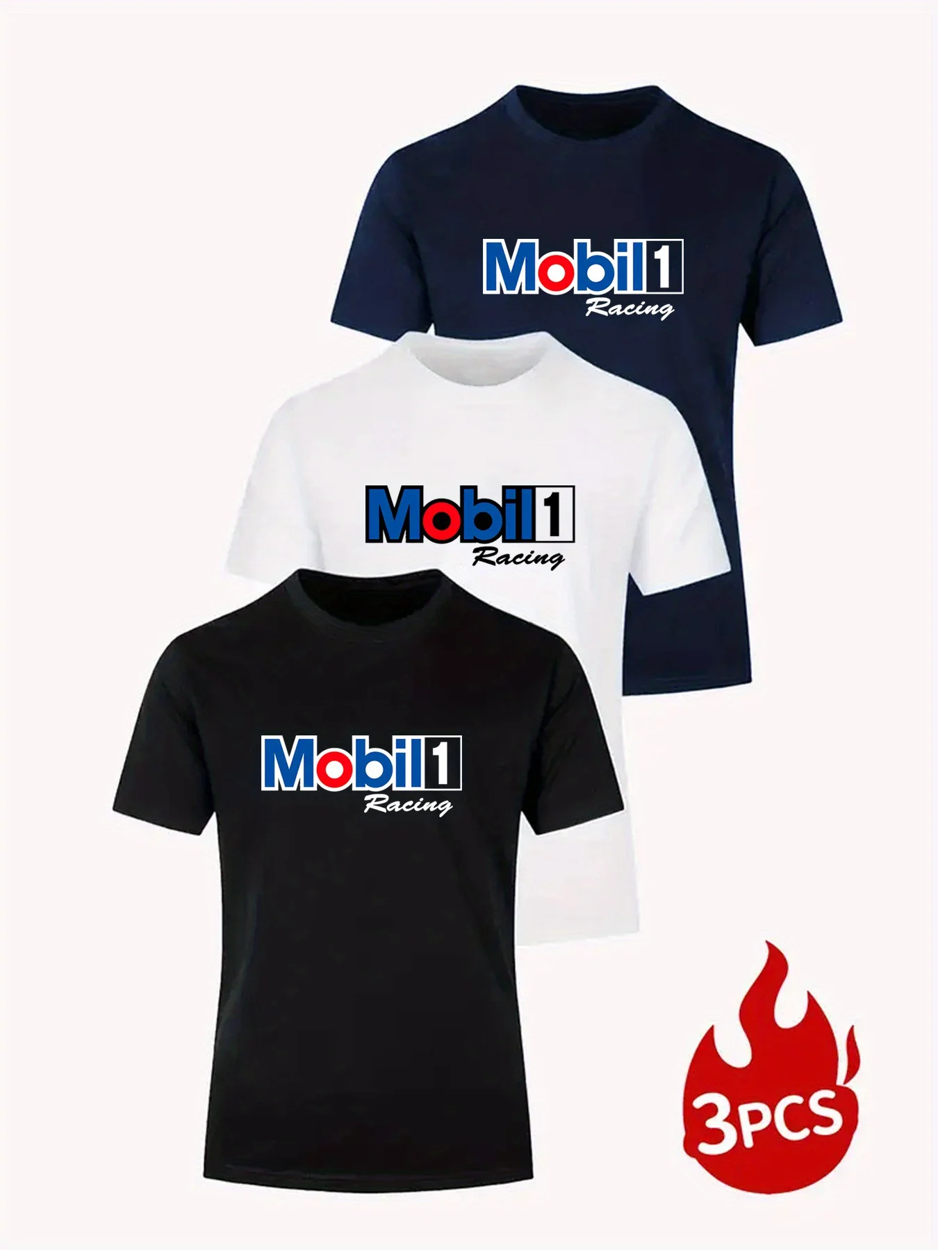 

Набор из 3 мужских футболок с дизайном Mobil1, повседневные, с круглым вырезом, стандартный крой, слегка эластичные, из 100% хлопкового трикотажа плотностью 190 г.