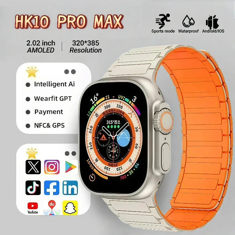 

HK10 Pro Max Смарт-часы AMOLED AI Обмечание сети Музыка Двойная оплата AOD Фитнес-трекер Мужчины Женщины Смарт-часы для iOS Android
