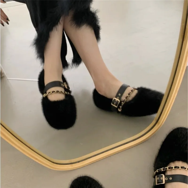 Designer Spring Autumn Women Warm Fur Shoes Fashion Shallow Slip On Ladies Flats Shoes Round Toe Women\'s Mary Jane Shoes