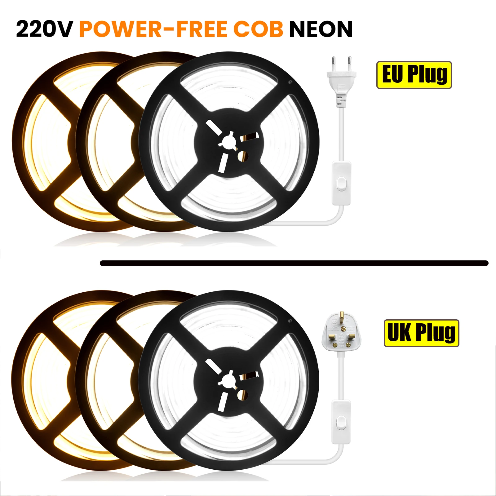 COB LED Strip AC 220V Waterproof 240LEDs/M With EU/UK Switch Plug Home Garden Kitchen Room Decor Flexible Ribbon Tape Neon Light