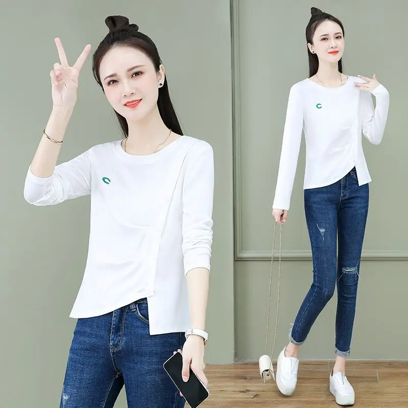 Irregular Bottoming Shirt Women's Long Sleeved T-shirt New Spring Autumn Fashion Solid Color Round Collar Top