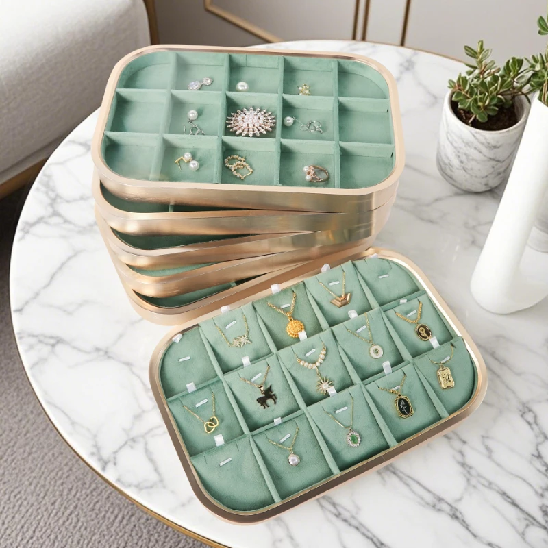 Luxury Jewelry Tray Earring Necklace Ring Display Rack Metal Velvet Storage Display Trays Stackable Pendant Jewelry Showcase