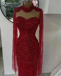 Red Long Sleeve Elegant Evening Dress 2024 Mermaid Wedding Party Dress Abendkleider Customized Dubai Sheer Neck Prom Gowns Robe