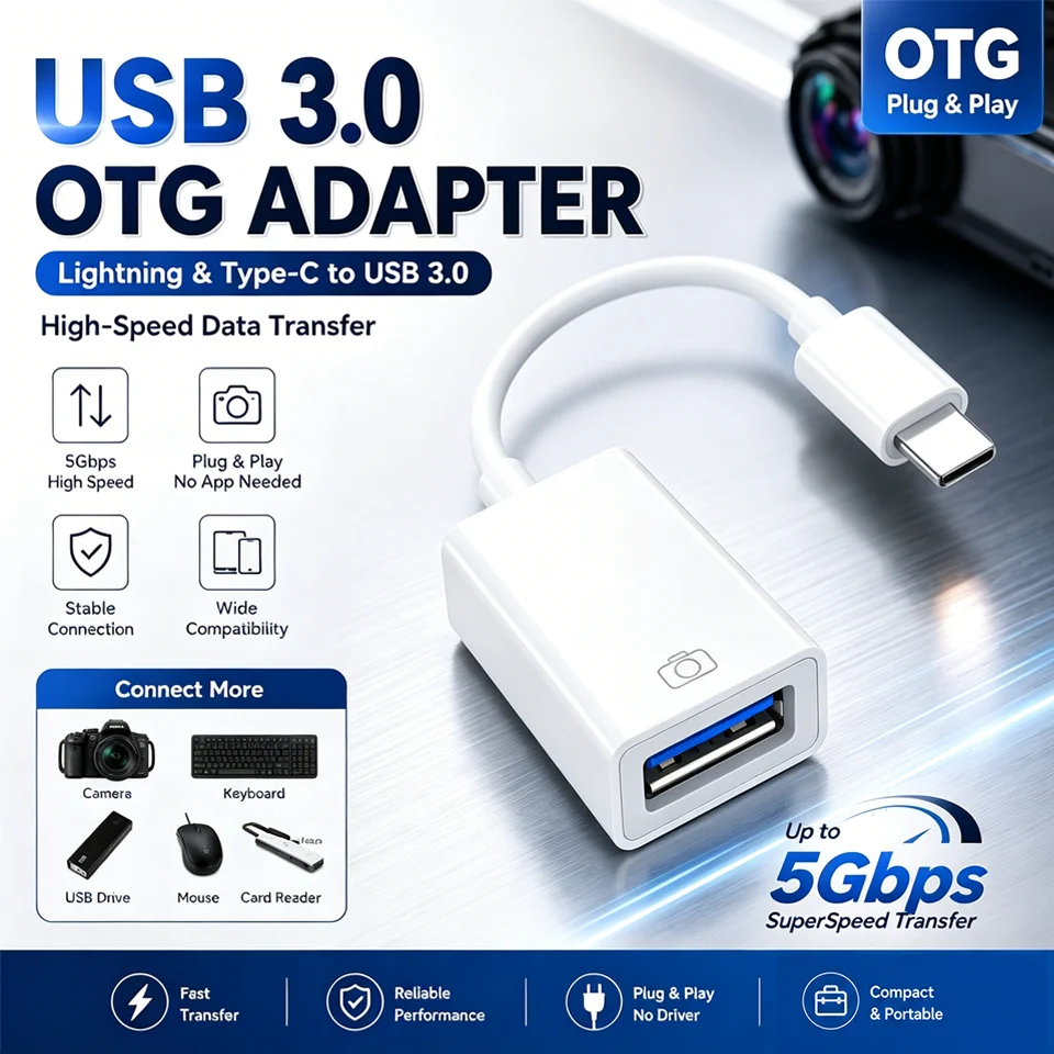 USB 3.0 OTG Cable Camera Adapter, High-Speed Data Transfer, Type-C to USB Converter for iPhone 17/16/15 Pro Max/Samsung/Huawei