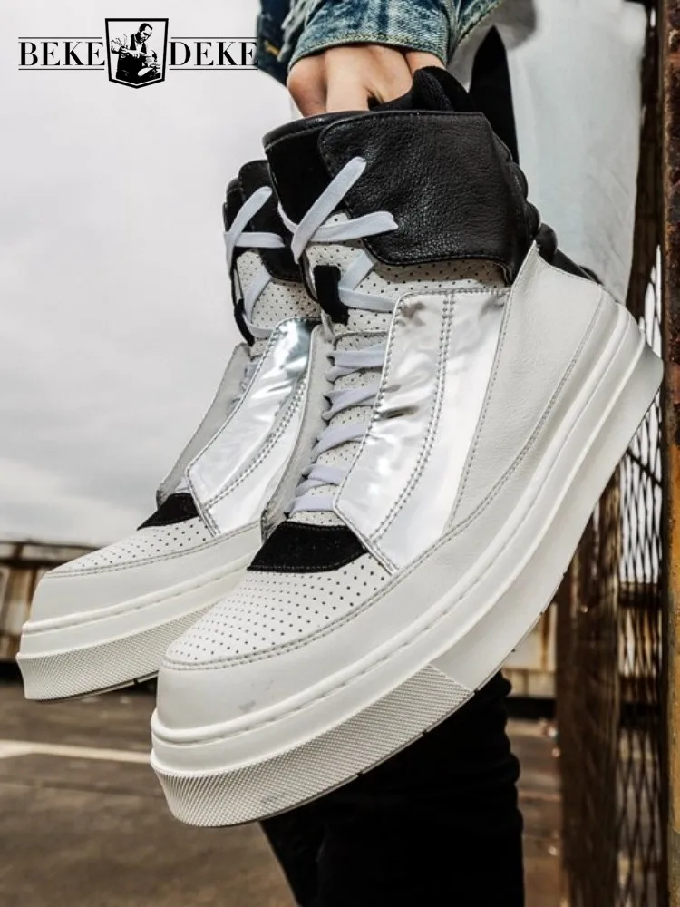 

Leisure Style Cowhide Round Toe Platform Lace-Up Ankle Boots Mixed Color Genuine Leather Handmade Male High Top Footwear