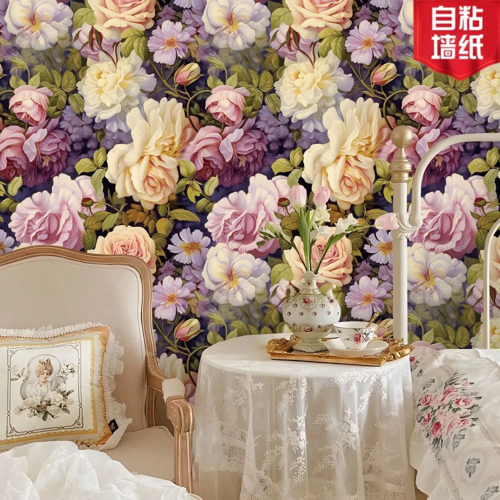European Retro Flower Wallpaper Self Adhesive Dark Floral Peony Mural Removable Waterproof Wall Sticker for Bedroom Decoration