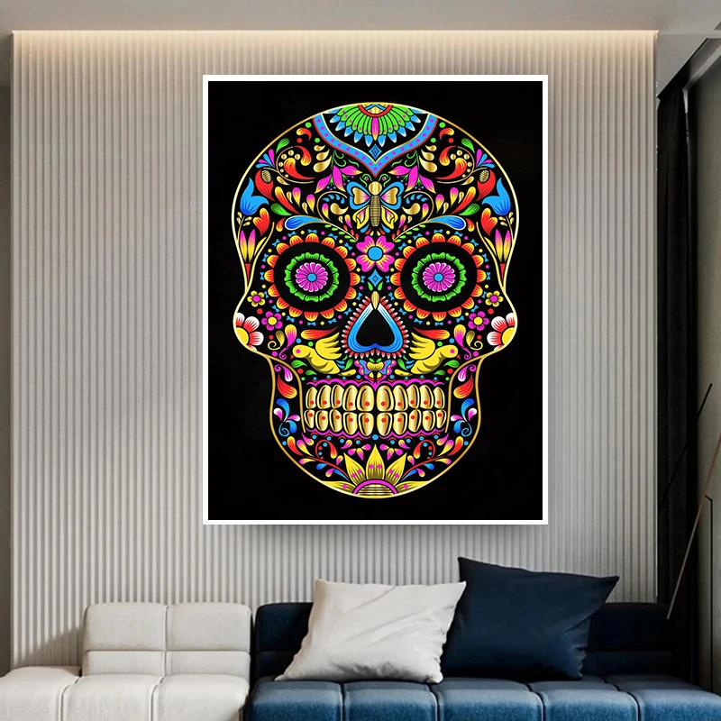 Colorful Mexico Sugar Skull Green Floral Poster Print Canvas Painting Abstract Skull Wall Art For Living Room Home Decoration