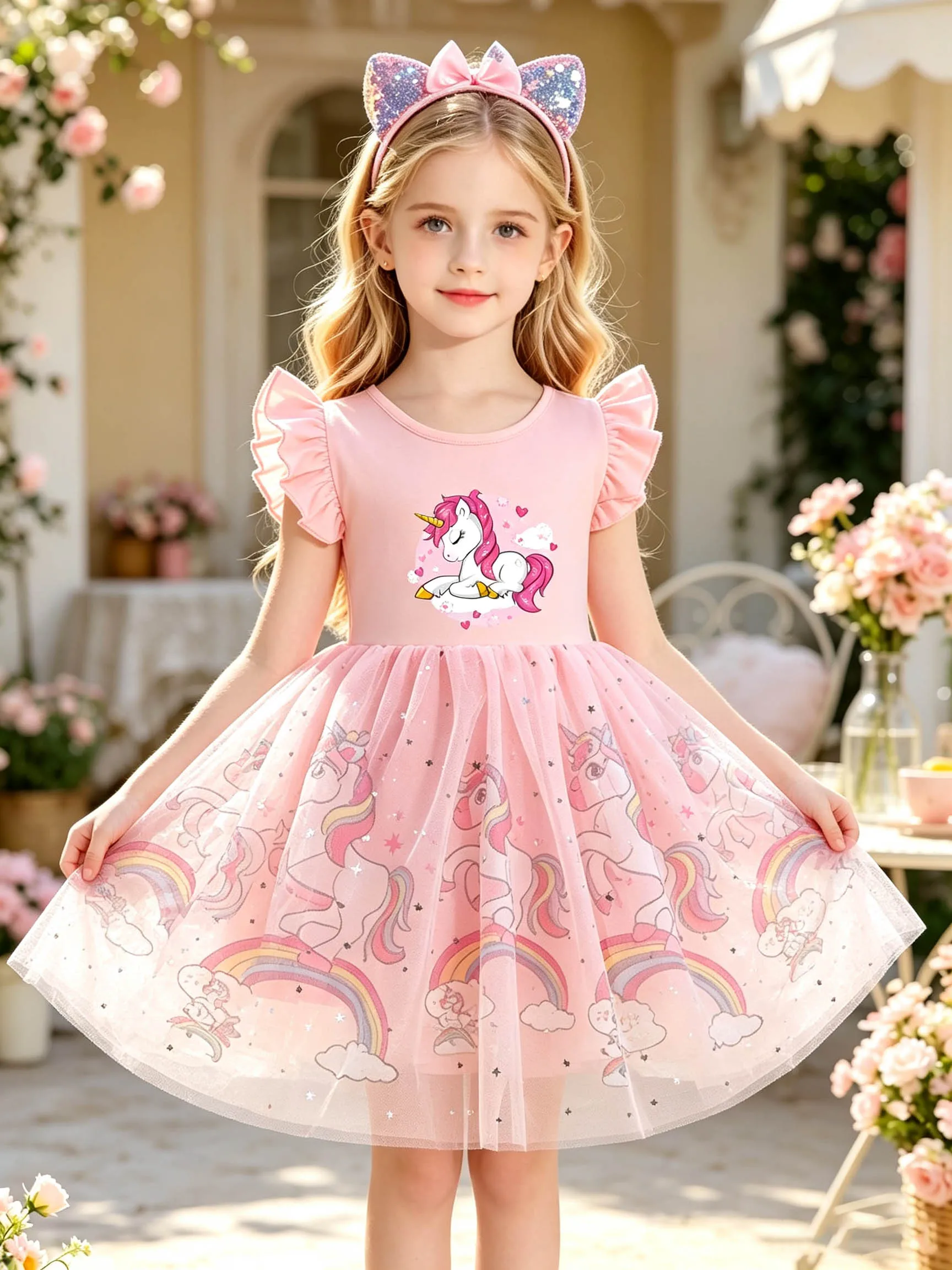 Pink Heart Unicorn Girls' Summer Dress, Ruffle Flutter Sleeve Sparkly Tulle Short-Sleeve Tutu Dress