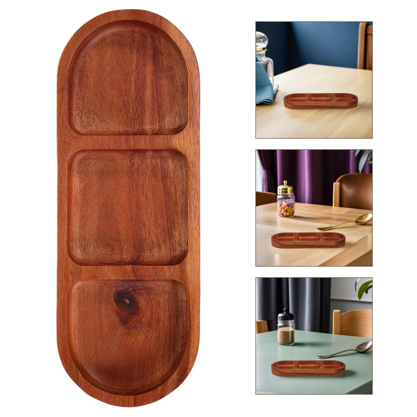 

Solid Wood Dipping Sauce Tray 3 Section Plates Divided Serving Tray for Breakfast Bbq Hot Pot Condiment Holder