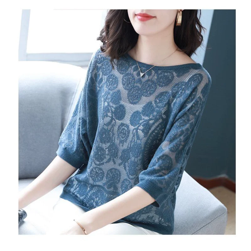 Oversize Versatile Temperament Women's Top Autumn and Winter New Hollowed Out Round Neck Half Sleeve Solid Color Pullover Shirt