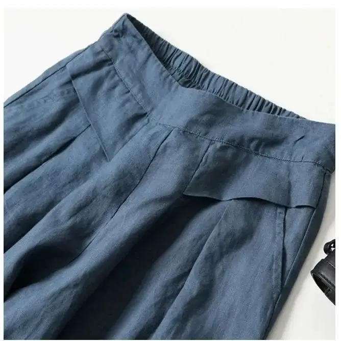 Pendant Cotton and Linen Thin Culottes Women's  Breathable Loose Wide-leg Pants Literary Elastic High-waisted Nine-point Pants