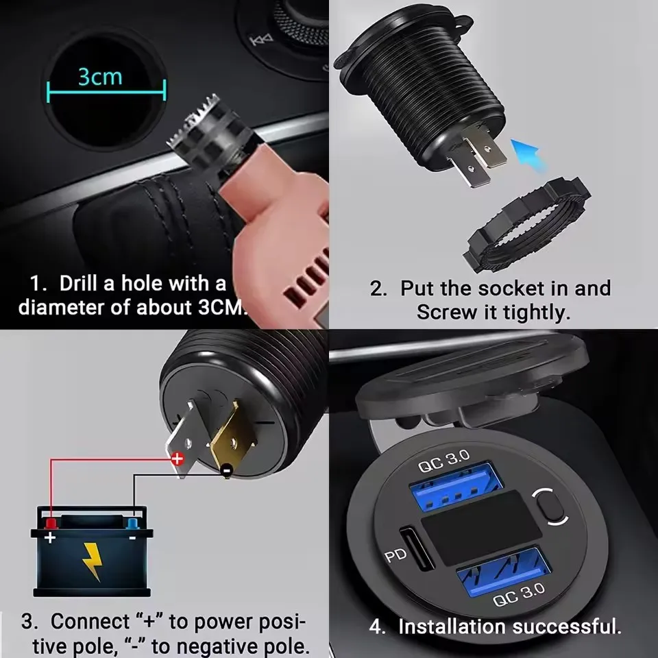 12V USB-Steckdose mit Dual-USB Quick Charge 3.0 Anschluss & PD USB-C Autoladegerät mit Voltmeter und Schalter für Auto, Boot, Marine, LKW – Detail 8