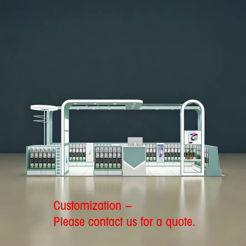 custom.A Modern Light Green Mobile Phone Shop Display Cabinet, Featuring Built-in Display Shelves and a Reception Counter.
