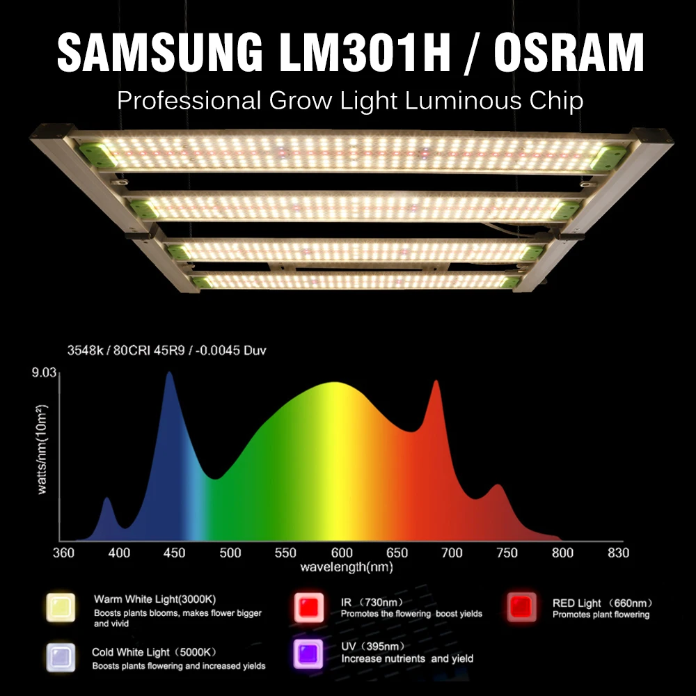 مصباح LED قابل للطي عالي الطاقة ، الطيف الكامل ، ضوء زراعة النبات ، تصميم باهتة 3 قنوات ، رقائق LM301H و ORSAM ، 320 واط