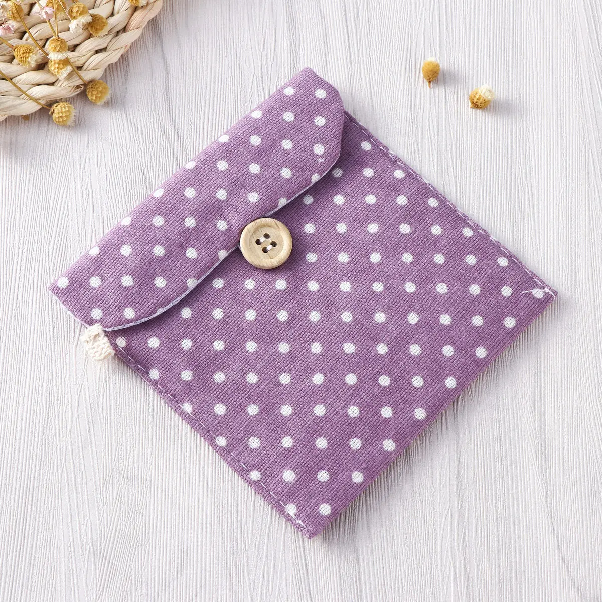 Women Sanitary Napkins Organizer Polka Dot Purple Linen Menstrual Pouch Holder Case Secret Pouch Small Travel Cosmetics