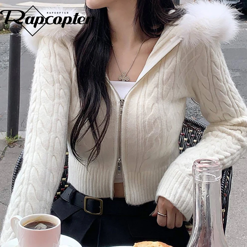 Rapcopter y2k Feathers Knitted Jacktes Hooded Zipper Cute Korean Outwear Warm Women Cropped Fashion Knitwear Sweet Autumn Spring