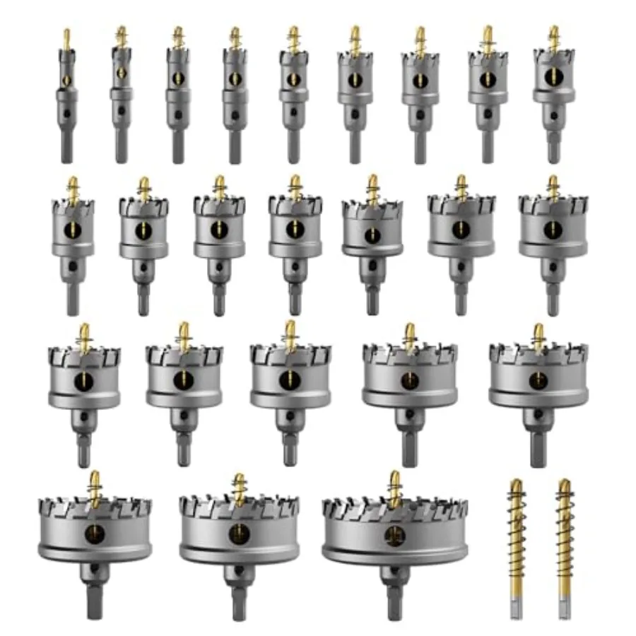 

Upgraded 26 PCS Heavy Duty Carbide Hole Saw Set, Metal Steel Drill Bit, TCT Cutter, 24 Saws with 2*Extra Pilot Center Drills, I