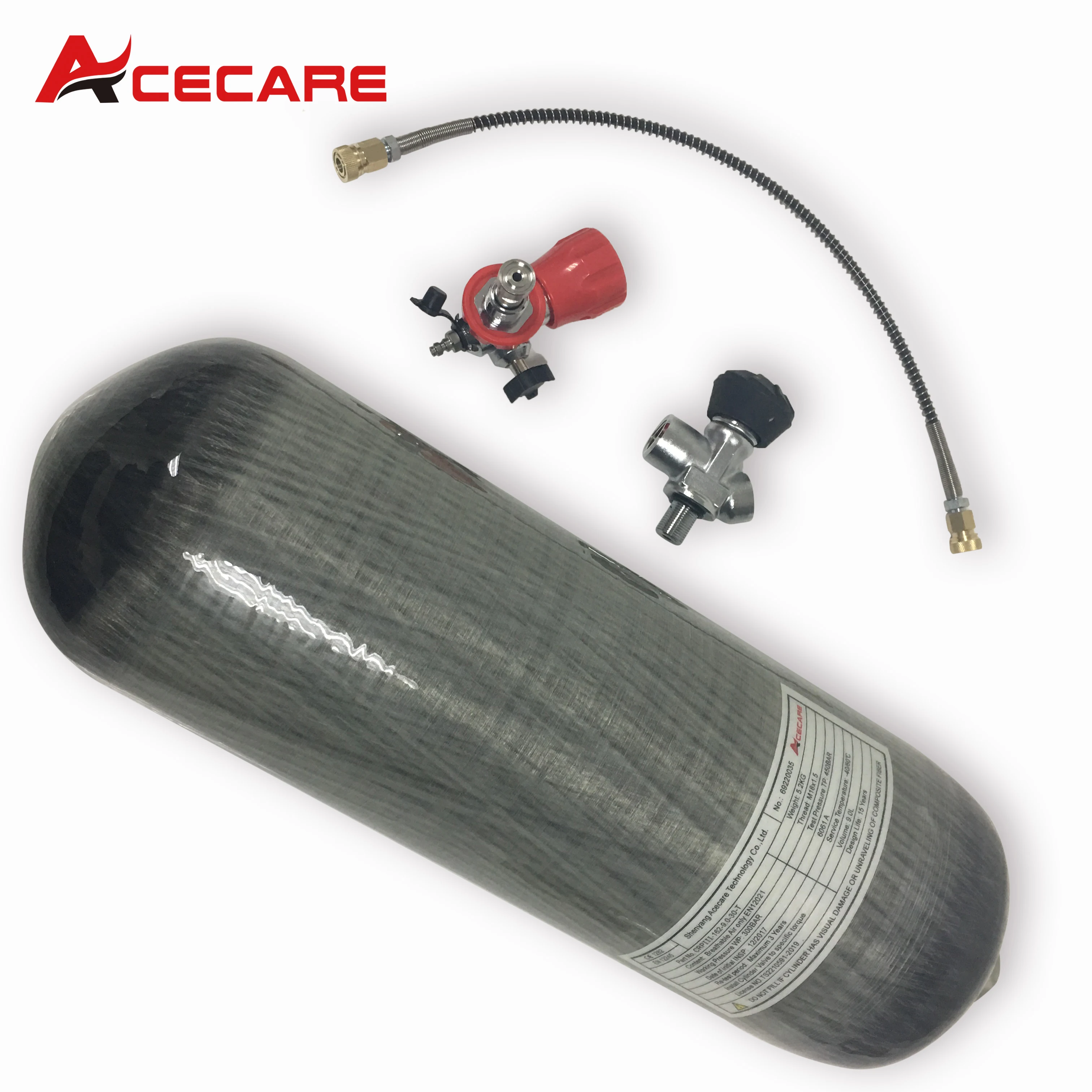 Acecare 4500Psi Air Tank 9L 300Bar 30Mpa Carbon Fibre Gas Cylinder M18*1.5 With Valve And Filing Station Scuba Diving FireSafety