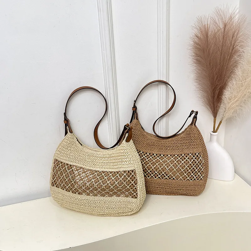

Large Capacity Summer Straw Woven Shoulder Bag Women's Handmade Crochet Beach Handbag Hollow out Underarm Knitting Bag