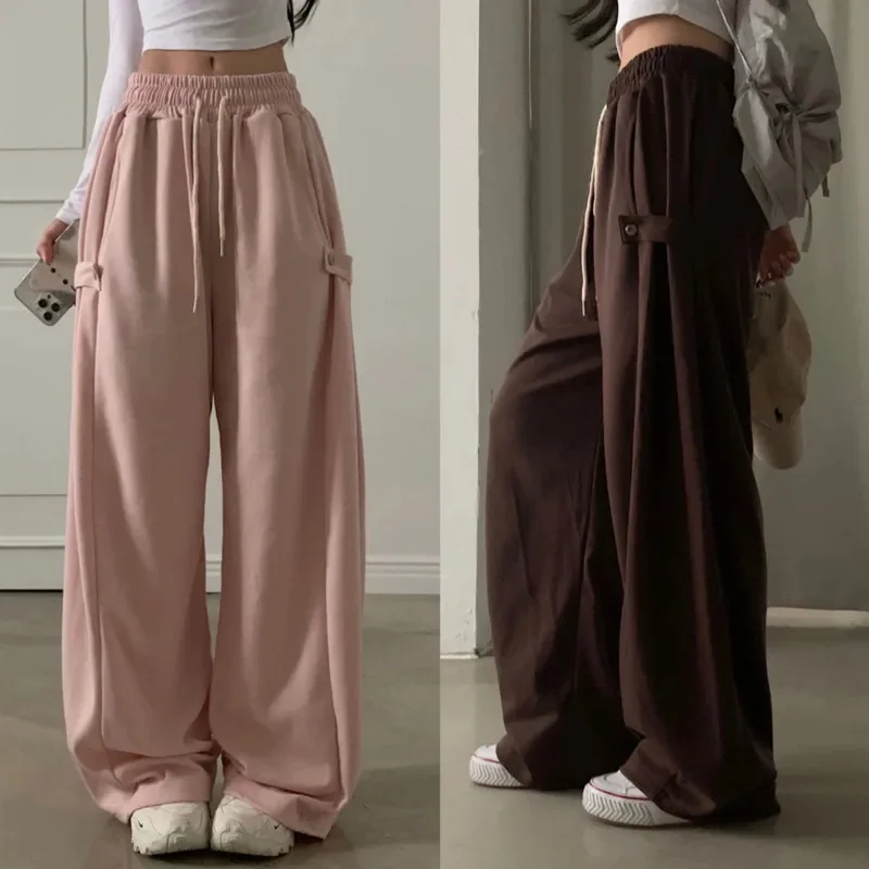 Chic Diagonal Buckle Design Sense Casual Pants Korea Elastic Waist Versatile Commuter Sweatpants Female Street Fashion Trousers