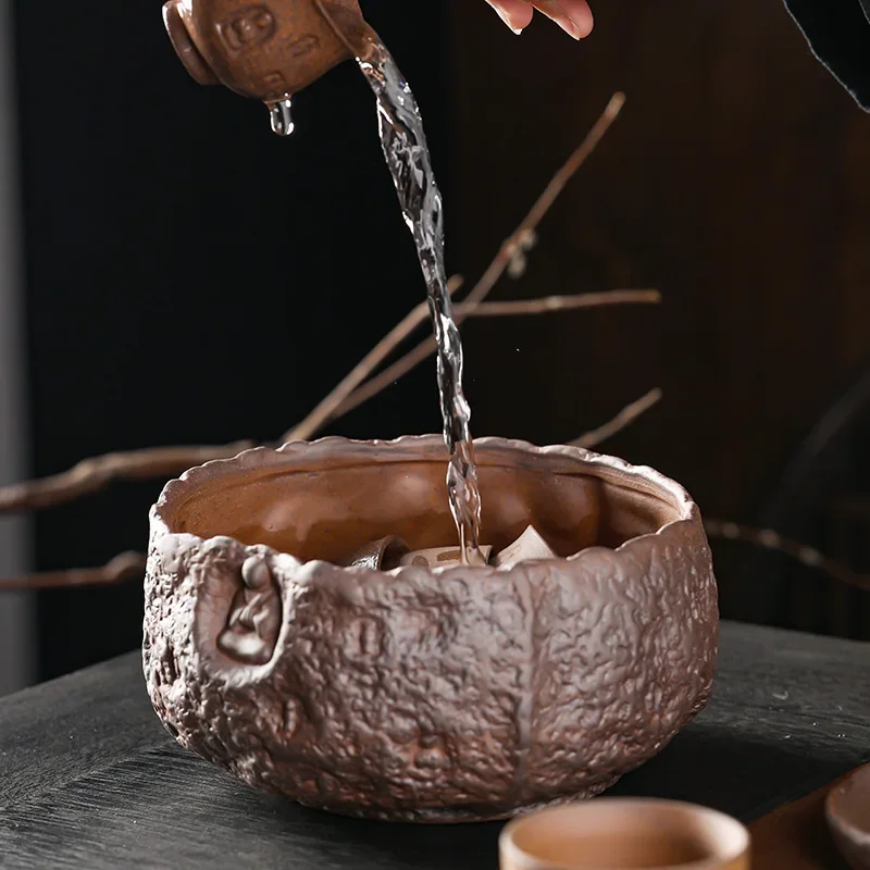 Coarse Pottery Tea Basin Handmade Meditation  Small Cup Wash Washed Tea Residue Barrel Tea Utensils