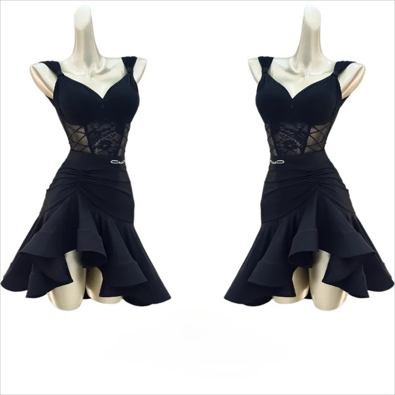 النساء اللاتينية فستان رقص وتتسابق الدانتيل حمّالة الصّدر تكدرت تنورة الكبار الإناث الرقص المنافسة مرحلة أزياء مسرحية