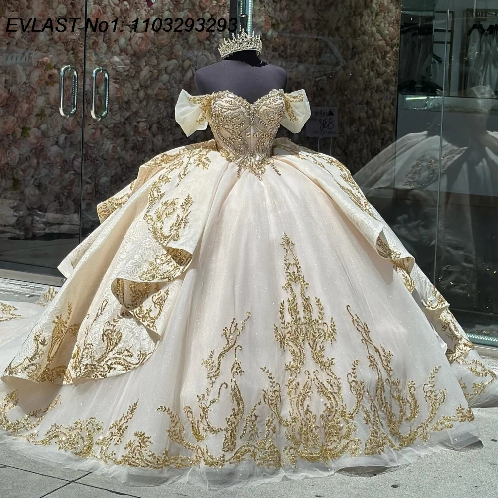 

EVLAST Customized Champagne Ball Gown Quinceanera Dress Gold Lace Applique Beading Tiered Sweet 16 Vestidos De 15 Anos E1Q709