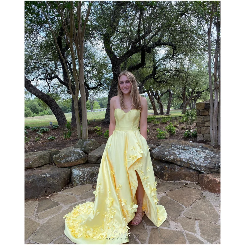 

Cathy Customized Yellow Strapless Asymmetrical Prom Dress Appliques Sleeveless vestidos de noiva A-Line Draped Formal Evening