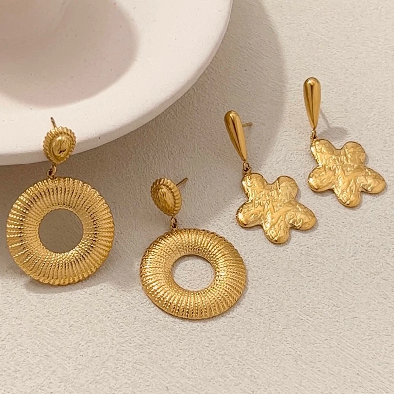 DLHP Vintage Stainless Steel Metal Hammer Heart Flower Waterdrop Drop Earrings Gold Color Waterproof Jewelry For Women 2024 New