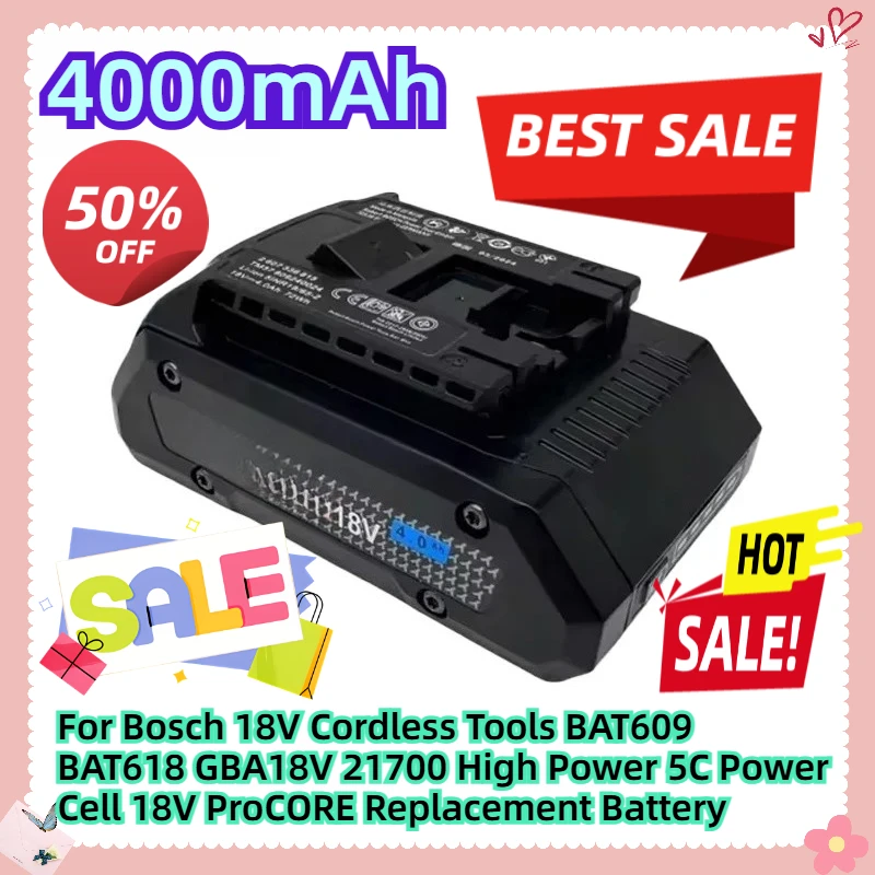 

For Bosch 18V Cordless Tools BAT609 BAT618 GBA18V 21700 High Power 5C Power Cell 18V 4000mAH ProCORE Replacement Battery