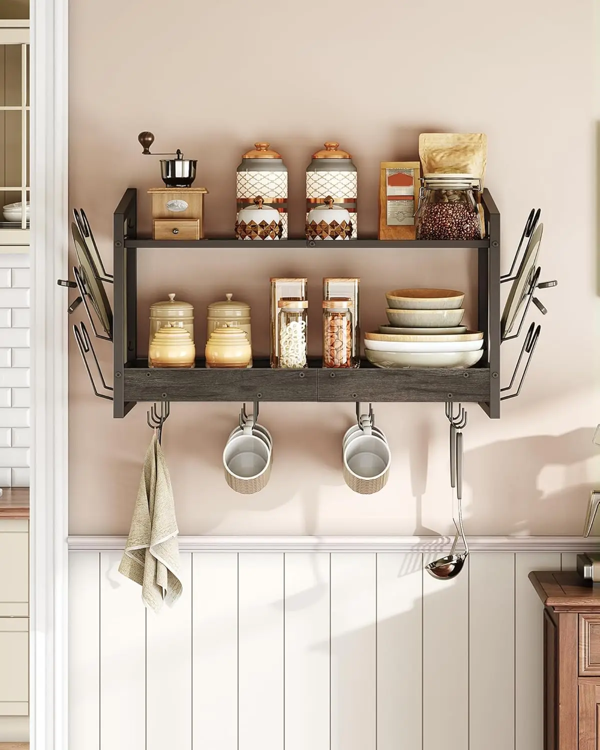 رف أوعية معلق، رف أوعية مثبت على الحائط، منظم وعاء المطبخ وغطاء من طبقتين، حامل أواني طهي مثبت على الحائط مع 12 خطافًا، لـ K