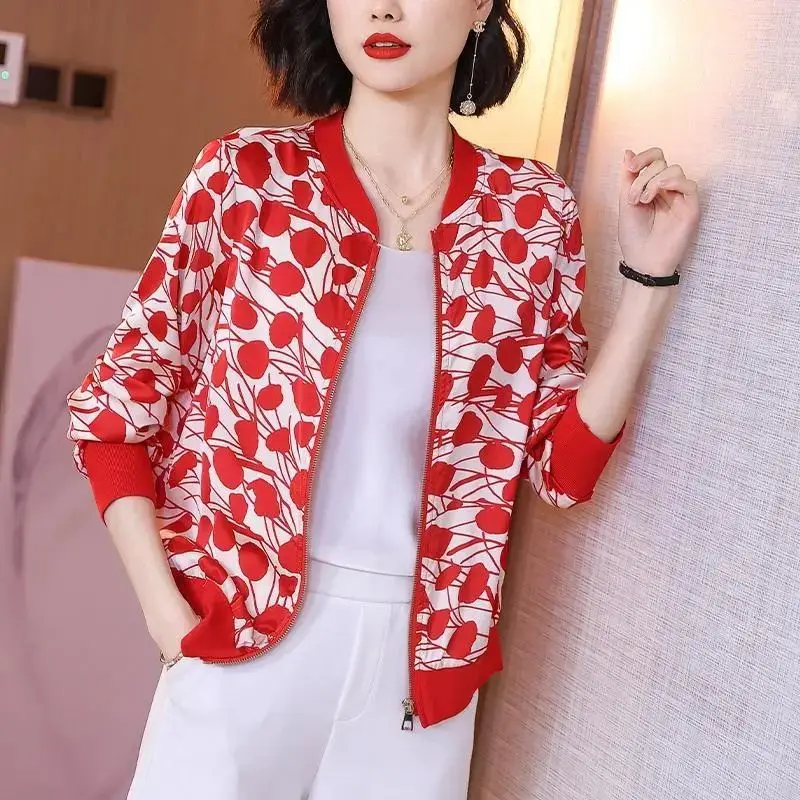 Summer New Thin Printing Short Cardigan Tops Long Sleeve Zipper Patchwork All-match T Shirts Vintage Fashion Women Clothing