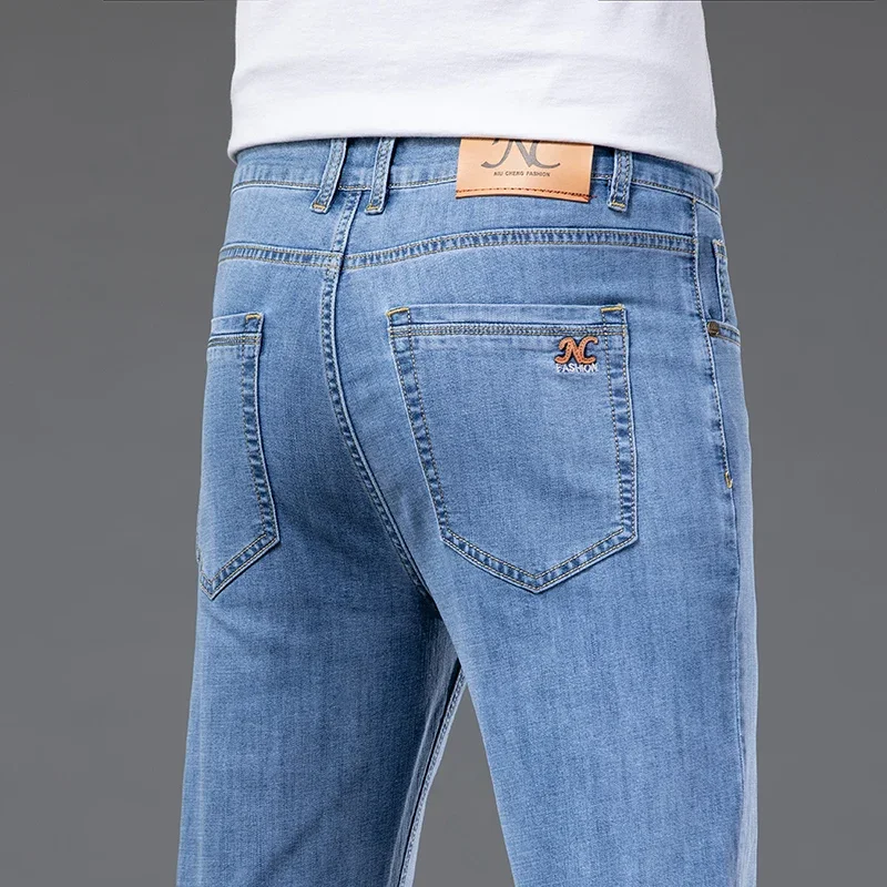 Spring Summer Men's Thin Straight Jeans Smooth Fabric Loose Denim Stretch Trousers Male Brand Pants Blue