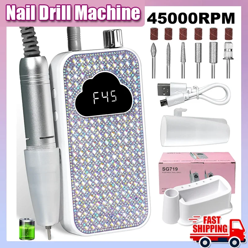 

Новая профессиональная электрическая дрель для ногтей 45000 об/мин, перезаряжаемая электрическая портативная шлифовальная машинка для ногтей, пилочка для гелевых ногтей, инструмент для полировки салона