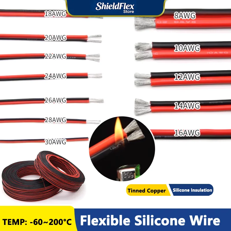 

5/10m Flexible Silicone Cable Red Black Car Battery Wiring 30 28 26 24 22 20 18 16 14 12 10 8AWG Heat-resistant Electrical Wire
