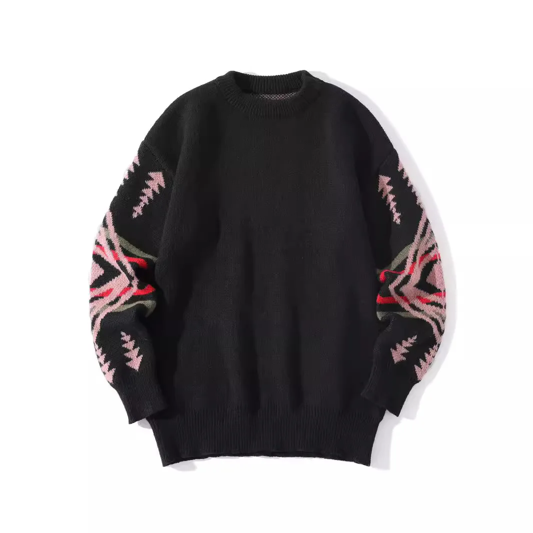 Retro Ethnic Style Sweater for Men Ins American Style Lazy Jacquard Round Neck Sweater Personalized Base Layer