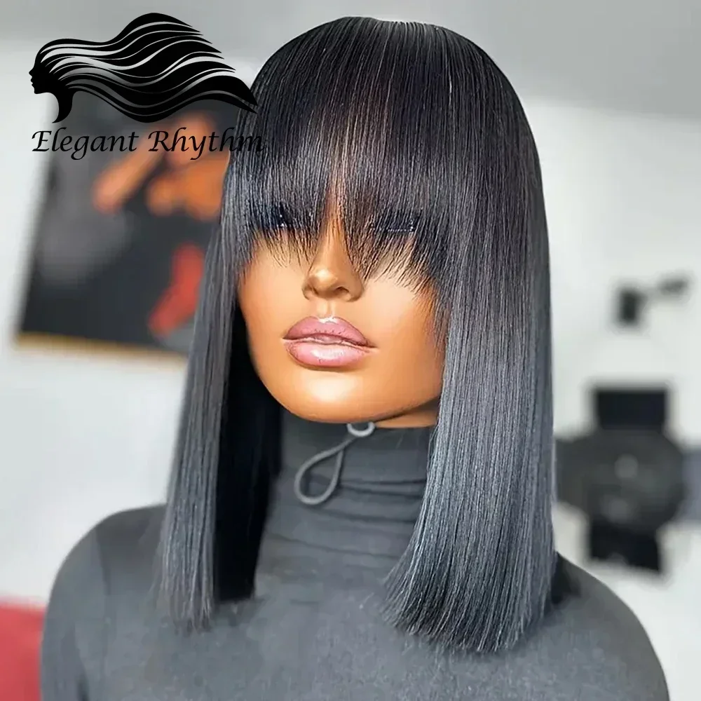 

Glueless Brazilian Human Hair Wig with Bangs Full Machine Made Remy Short Straight Bob Fringe Wigs for Black Women 12 14 Inches