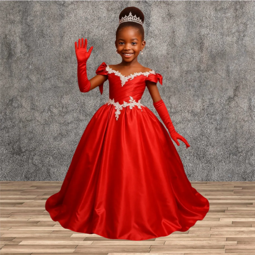 

Customized Red Flower Girl's Dresses Satin Lace Appliques Off The Shoulder Girl's Dresses Button Back Kid's Formal Wear