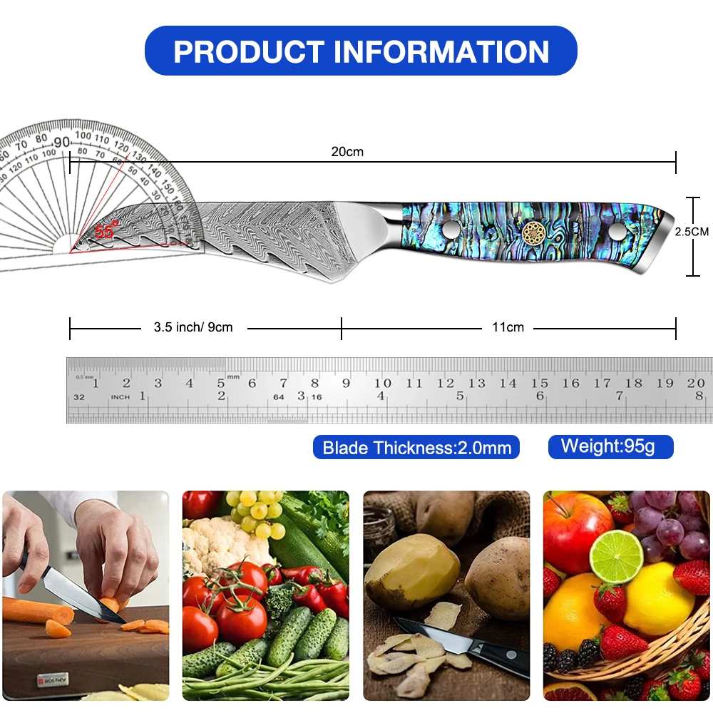 3.5 Inch Fruit Knife Damascus Steel Paring Knife Curved Blade Sharp Household Kitchen Peeling Knife Abalone Shell Acrylic Handle