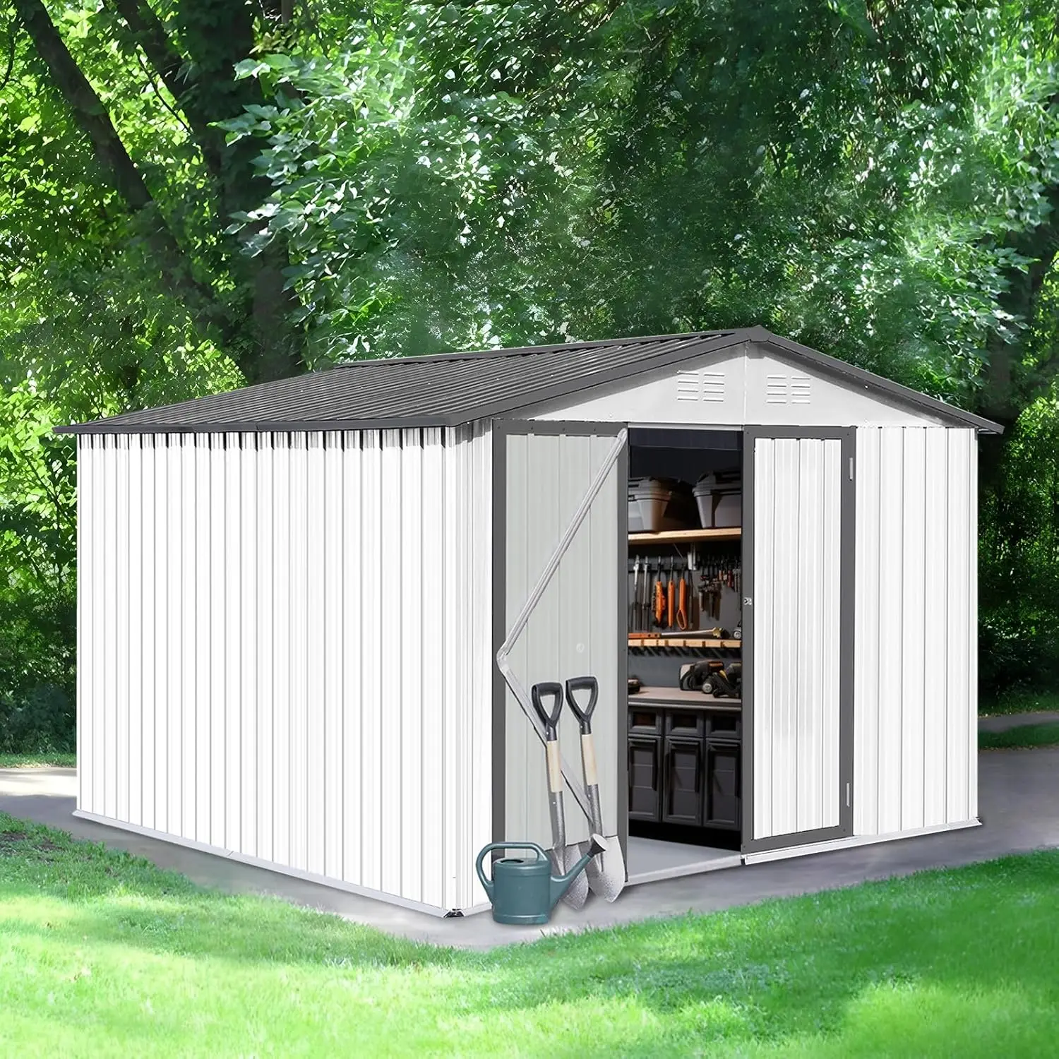 

Upgraded 10' × 8' Metal Outdoor Storage Shed With Door & Lock, Waterproof Garden Storage Tool Shed With Base Frame For Backyard