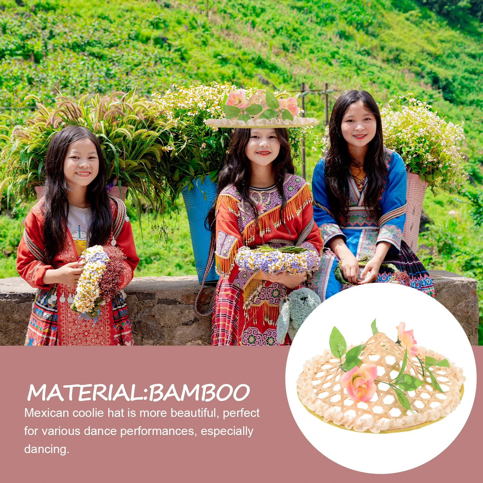 

Bamboo Mexican Hat Sombrero Floral Embellished Wide Brim Cool Summer Party Festival Dancing Decoration Mexican Hats for Party